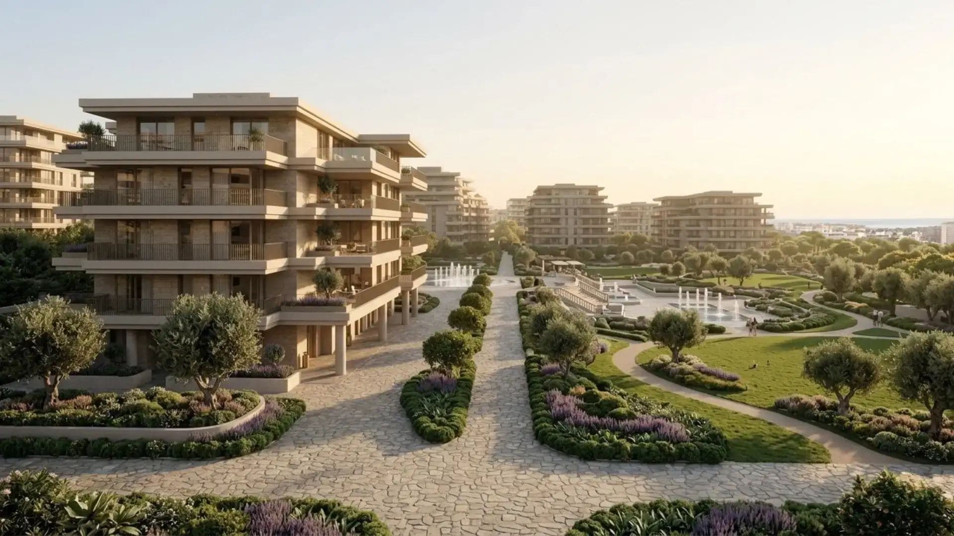 Landscaped arrival walk at The Yards — retail and F&B frontage