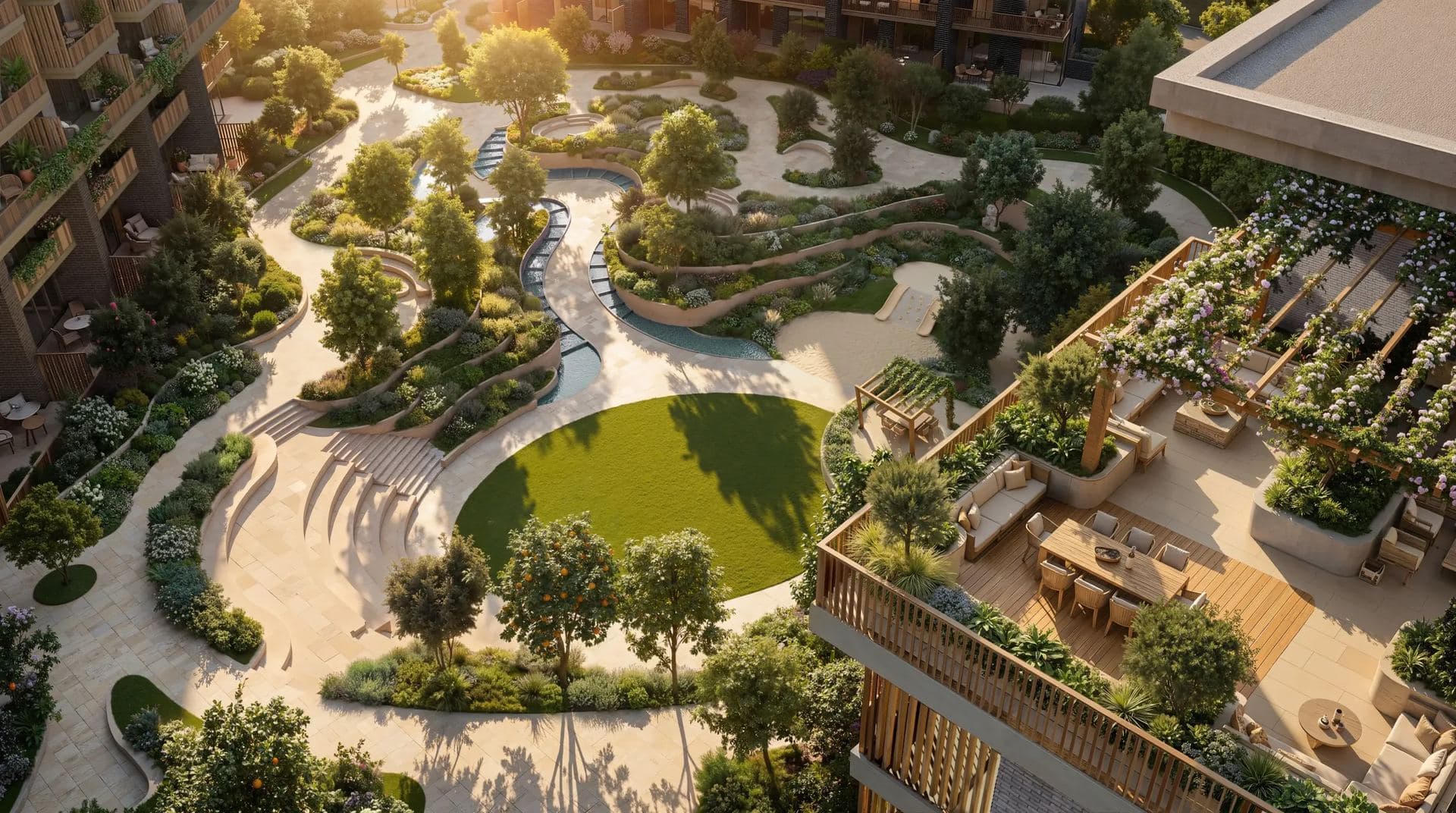 Sunken garden and landscaped amenity spaces at The Yards